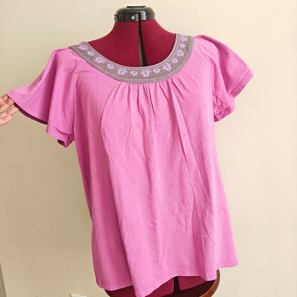 Charter Club Blouse Top Pink Purple Embroidered Butterfly Flutter Sleeve Large